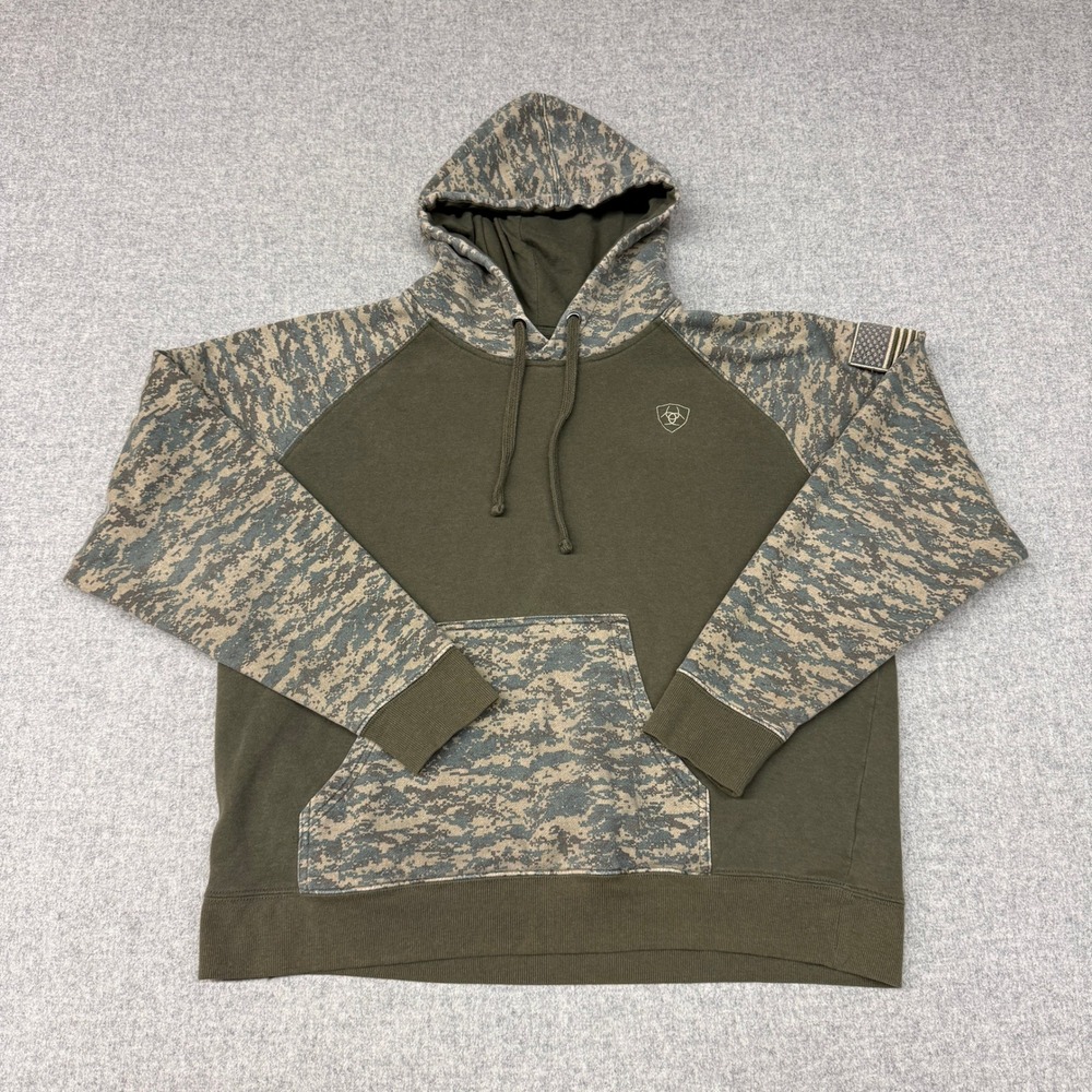 Ariat Men Hoodie Large Olive Green Digital Camo Raglan Sleeve Flag Pullover